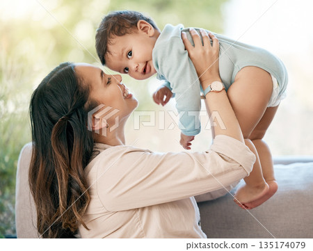 Portrait, airplane and mother with baby on a sofa for games, playing and laughing in their home together. Love, smile and mom with girl toddler on couch, relax and flying, fun and hug in living room Portrait, airplane and mother with baby on a sofa for games, playing and laughing in their home together. Love, smile and mom with girl toddler on couch, relax and flying, fun and hug in living room 135174079