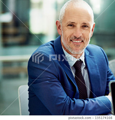 Mature business CEO, happy man and portrait of corporate confidence, professional commitment or pride in office. Face, executive director and boss in suit for trust, experience or company in New York 135174108