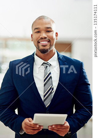 Corporate, happy man and portrait with tablet for online planning, internet or stock market app in office. Male executive, suit and digital technology of connection, financial trading and data review Corporate, happy man and portrait with tablet for online planning, internet or stock market app in office. Male executive, suit and digital technology of connection, financial trading and data review 135174111