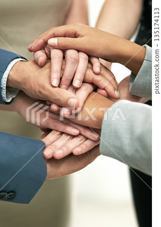 Business people, meeting and hands together in trust for team collaboration at office. Hand of group piling for teamwork motivation, agreement or support in solidarity for company goals at workplace 135174113