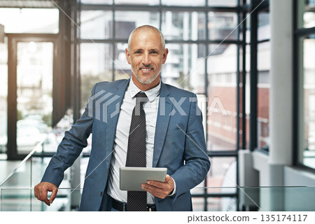 Tablet, happy and portrait of business man in office for networking, research and digital. Social media, internet and email with senior male ceo for corporate, professional and communication Tablet, happy and portrait of business man in office for networking, research and digital. Social media, internet and email with senior male ceo for corporate, professional and communication 135174117
