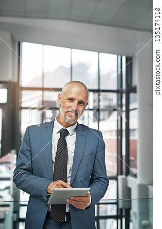 Tablet, smile and portrait of business man in office for networking, research and digital. Company management, internet and email with senior male ceo for corporate, professional and communication Tablet, smile and portrait of business man in office for networking, research and digital. Company management, internet and email with senior male ceo for corporate, professional and communication 135174118