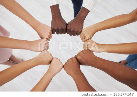 Hands, collaboration and overhead with a business team standing in a circle for unity or solidarity at work. Teamwork, fist bump and support with a diverse group of colleagues in a huddle from above Hands, collaboration and overhead with a business team standing in a circle for unity or solidarity at work. Teamwork, fist bump and support with a diverse group of colleagues in a huddle from above 135174147