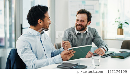 Meeting, tablet and team with business people in office for research, project schedule and planning. Proposal feedback, collaboration and online progress report with employees in agency for advice Meeting, tablet and team with business people in office for research, project schedule and planning. Proposal feedback, collaboration and online progress report with employees in agency for advice 135174199