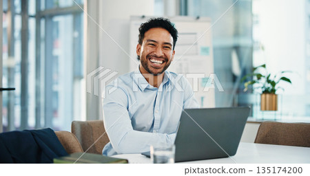 Portrait, employee and man with laptop, boardroom or financial analyst with smile for career growth. Happy, person and confident for wealth management with tech, online and investment on website Portrait, employee and man with laptop, boardroom or financial analyst with smile for career growth. Happy, person and confident for wealth management with tech, online and investment on website 135174200