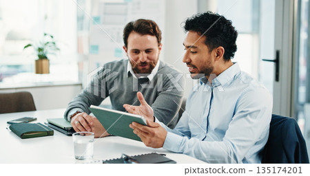 Tablet, team and business men with discussion, insurance proposal or conversation in office. Technology, planning and meeting for idea, risk management and problem solving for policy coverage Tablet, team and business men with discussion, insurance proposal or conversation in office. Technology, planning and meeting for idea, risk management and problem solving for policy coverage 135174201