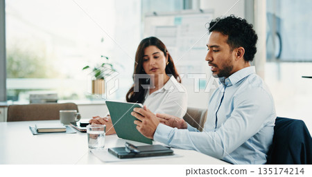 Discussion, tablet and business people in office for finance review, meeting and budget planning. Teamwork, corporate and woman with man on digital tech, paperwork and research for financial report 135174214