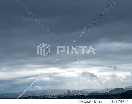 Dramatic Clouds Over Industrial Landscape Panorama Dramatic Clouds Over Industrial Landscape Panorama 135174215