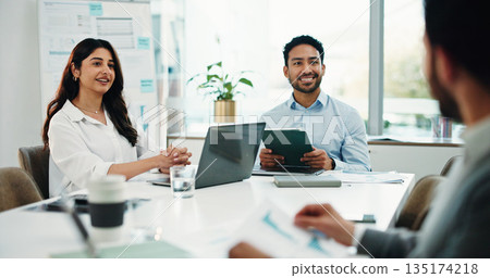 Woman, laptop and team at office meeting with planning, smile or talk with report at finance company. Group, staff and collaboration with strategy, asset management and feedback at investment agency Woman, laptop and team at office meeting with planning, smile or talk with report at finance company. Group, staff and collaboration with strategy, asset management and feedback at investment agency 135174218