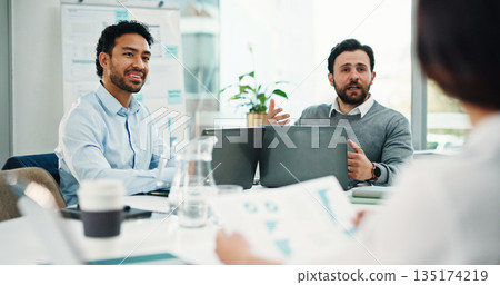 Business people, meeting and laptop with documents for discussion, analytics or company performance. Group, employees or colleagues with paperwork for revenue, statistics or progress in workplace Business people, meeting and laptop with documents for discussion, analytics or company performance. Group, employees or colleagues with paperwork for revenue, statistics or progress in workplace 135174219
