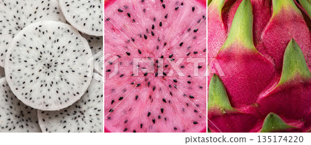 Image divided into three parts showing the peel and slices of dragon fruit, pitaya Image divided into three parts showing the peel and slices of dragon fruit, pitaya 135174220
