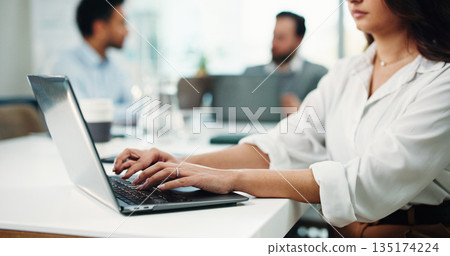 Financial planner, hands or woman typing with laptop in office, insurance or savings budget proposal. Monitor market trends, investment strategy or team with pc for tax plan, risk review or coworking 135174224