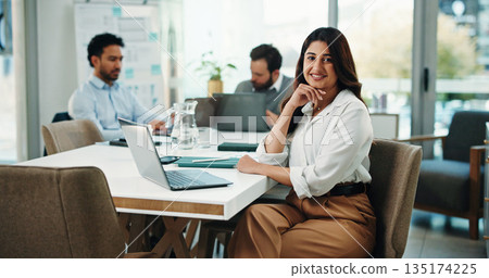 Happy, boardroom and portrait of business woman for finance career, confidence and about us. Corporate office, team and worker with smile, pride and laptop for investment, financial report or review 135174225
