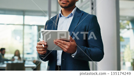 Hands, tablet and project at office with review, market research and notes for stock at investment agency. Person, advisor or broker with fintech, application or asset management at finance company Hands, tablet and project at office with review, market research and notes for stock at investment agency. Person, advisor or broker with fintech, application or asset management at finance company 135174249
