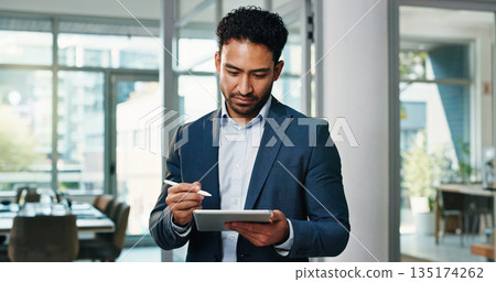 Businessman, tablet and notes at office with review, planning and writing with insight at investment agency. Person, advisor or broker with fintech, application or asset management at finance company 135174262
