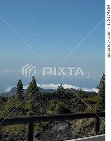 High-altitude view over forested landscape and low clouds with the Atlantic horizon in Tenerife. 135174264