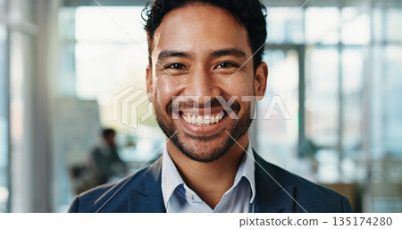 Happy, professional and portrait of businessman in office with confidence, pride and smile for finance job. Corporate, career growth and face of worker for about us, financial consultant and ambition 135174280