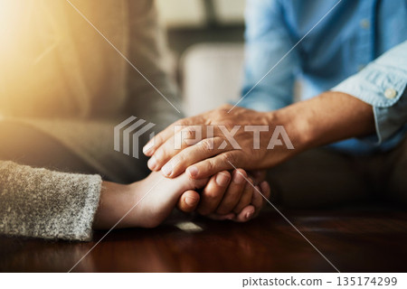 Holding hands, senior couple and life insurance support with kindness in a house. Home, love and elderly people with empathy, hope and trust with solidarity for grief care and marriage together 135174299