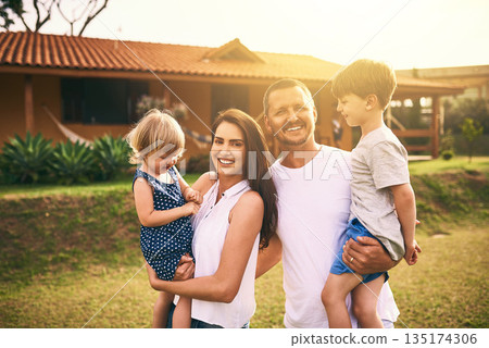 Family, bonding and garden with father, mother and kids with happiness and new home. Outdoor, mockup and lens flare of a mom, dad and children together on a lawn and backyard with a smile and care 135174306