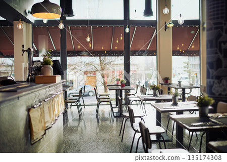Empty restaurant, cafe store or coffee shop for retail services, hospitality industry or food sales service. Interior design, diner and startup small business with furniture, chairs and table desk Empty restaurant, cafe store or coffee shop for retail services, hospitality industry or food sales service. Interior design, diner and startup small business with furniture, chairs and table desk 135174308