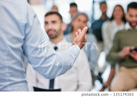 Speaker, hands and presentation for employees with close up for a meeting at conference room. Seminar, training and hand for discussion with corporate team for learning about business or career. Speaker, hands and presentation for employees with close up for a meeting at conference room. Seminar, training and hand for discussion with corporate team for learning about business or career. 135174383