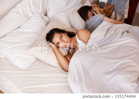 Angry woman, couple and fight in bed in the morning feeling frustrated from divorce talk. Marriage problem, conflict and fighting in a bedroom at home with anger argument and communication issue Angry woman, couple and fight in bed in the morning feeling frustrated from divorce talk. Marriage problem, conflict and fighting in a bedroom at home with anger argument and communication issue 135174404