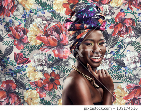 Makeup, fashion and portrait of black woman on flower background with glamour, cosmetics and fashion. Floral pattern, happy and face of female person in exotic jewelry, African style and head scarf Makeup, fashion and portrait of black woman on flower background with glamour, cosmetics and fashion. Floral pattern, happy and face of female person in exotic jewelry, African style and head scarf 135174516