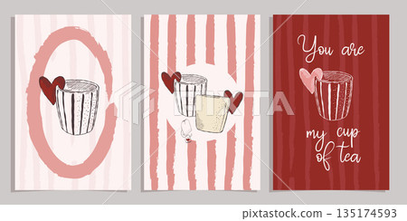 Hand drawn greeting card set with cozy tea party mugs hearts and romantic message in sketch style 135174593
