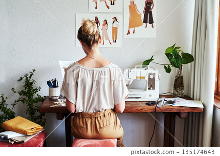 Fashion, design and back of woman at sewing machine in small business, creative ideas and focus in studio. Creativity, sustainable startup and designer, tailor or young entrepreneur working at table. 135174643
