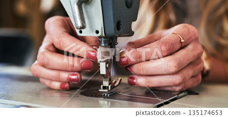 Workshop sewing machine, woman hands and fashion designer with button and thread work. Small business, entrepreneur and female tailor with boutique and employee working with machinery for clothing 135174653