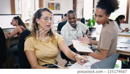 Business, staff and women in a meeting, laptop and conversation in a modern office, talking or planning. Professional, group or team with ideas, brainstorming or development with a project and growth 135174687