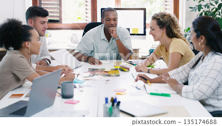 Business people, meeting and design team in office, planning and collaboration. Teamwork, group and designers, men and women brainstorming strategy, creative discussion and cooperation in workplace. 135174688