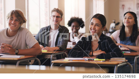 Education, university and students sitting in a classroom for learning, studying or future development. School, college and scholarship with a group of pupils in class lecture together to learn Education, university and students sitting in a classroom for learning, studying or future development. School, college and scholarship with a group of pupils in class lecture together to learn 135174698