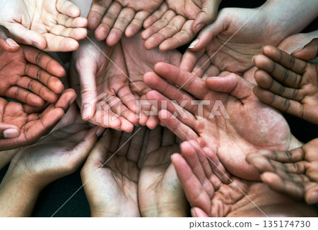 Open hands support, diversity and together with community, solidarity and help. Trust, faith and charity hand gesture with people and collaboration with crowd show palm and society and commitment 135174730