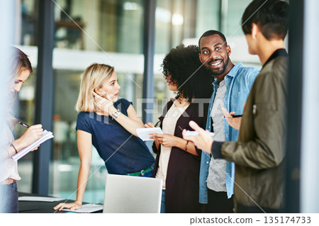 Teamwork, office and business people in meeting discussion for collaboration, planning and project. Communication, diversity and men and women in conversation, talking and brainstorming for strategy 135174733