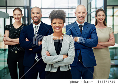 Portrait, diversity and happy business people with arms crossed for professional commitment, pride or teamwork. Group, African woman leader and corporate employees smile for global company unity Portrait, diversity and happy business people with arms crossed for professional commitment, pride or teamwork. Group, African woman leader and corporate employees smile for global company unity 135174735