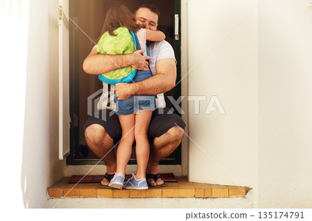 Back to school, welcome and dad hug at home with young girl with happiness and parent love. Father care, support and smile with child together on family house porch with a greeting and kid backpack 135174791