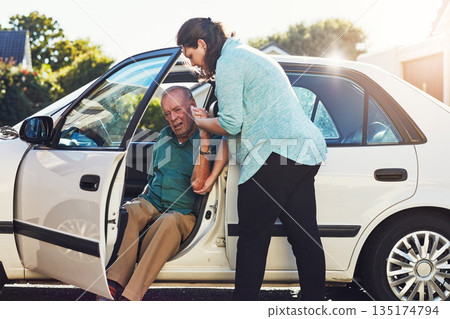 Car, transport and caregiver help old man for assisted living, retirement care and rehabilitation. Travel, transportation and woman helping elderly male person from motor vehicle for health service Car, transport and caregiver help old man for assisted living, retirement care and rehabilitation. Travel, transportation and woman helping elderly male person from motor vehicle for health service 135174794
