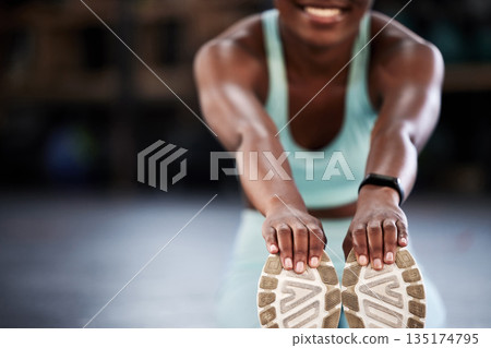 Gym, hands or happy girl stretching legs for workout routine or body movement for active fitness. Smile, closeup blur or healthy woman smiling in exercise training warm up for flexibility or mobility 135174795