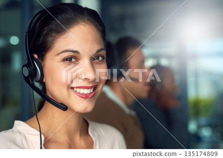 Call center, woman and portrait with contact us, crm and customer service job with smile. Phone help, sale and web advice employee with happiness from telemarketing and internet work in office mockup 135174809