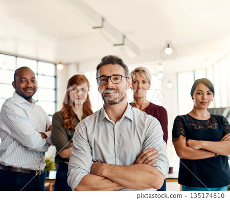 Businessman, portrait and team with arms crossed in management, leadership or creative group at the office. Confident business people or professional in teamwork, startup or about us at the workplace 135174810