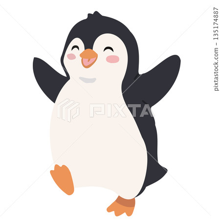 Happy Little Penguin Cartoon Character Smiling with Open Wings 135174887