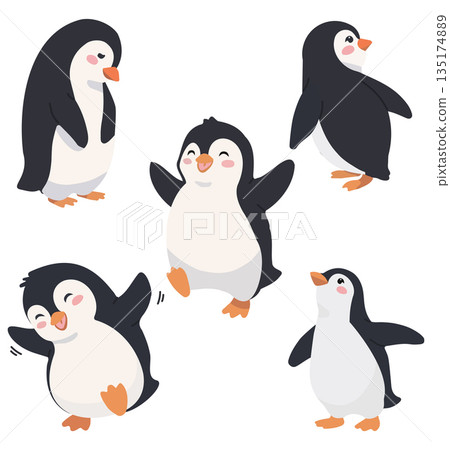 Collection of Cute Cartoon Penguin Characters in Various Poses and Emotions 135174889