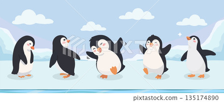 Group of Happy Cartoon Penguins Having Fun on Ice Floe Illustration 135174890