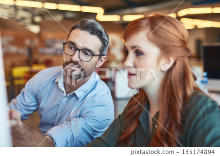 Businessman, computer and coach in team collaboration for ideas, strategy or planning at the office. Man mentor coaching woman and training staff on technology in teamwork for solution at workplace Businessman, computer and coach in team collaboration for ideas, strategy or planning at the office. Man mentor coaching woman and training staff on technology in teamwork for solution at workplace 135174894