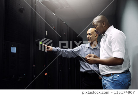 Server room, people or technicians with tablet for hardware, cybersecurity glitch or error with teamwork. Black man, collaboration or engineers fixing network for information technology or IT support 135174907