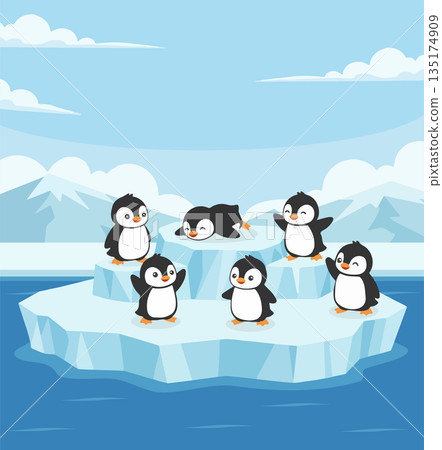 Cute Cartoon Penguins Group on Floating Iceberg Illustration 135174909
