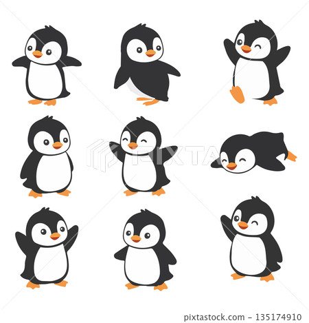 Cute Cartoon Penguin Character Collection with Various Poses and Emotions 135174910