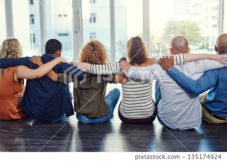 Support, group and hug with back of people for teamwork, community and diversity. Solidarity, faith and collaboration with group of friends for trust, gratitude and kindness together 135174924