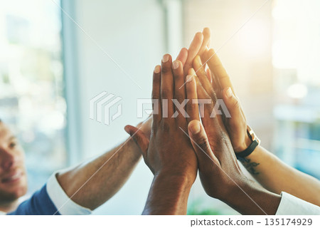 High five, hands and success with business people in office for motivation, winner and agreement. Support, goals and target with closeup of employees for teamwork, collaboration and solidarity High five, hands and success with business people in office for motivation, winner and agreement. Support, goals and target with closeup of employees for teamwork, collaboration and solidarity 135174929